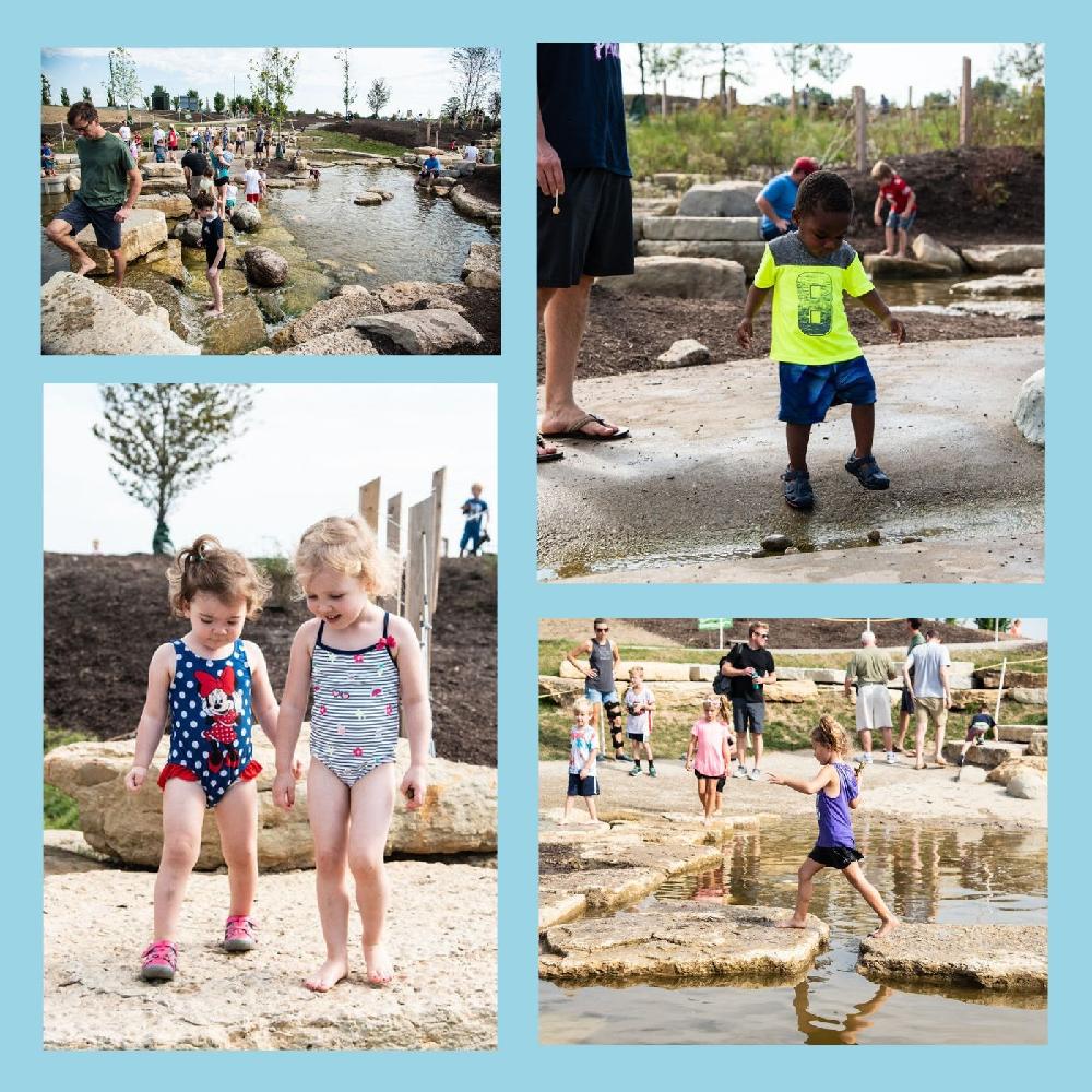 Four picture of children playing at the Nature Playscape 